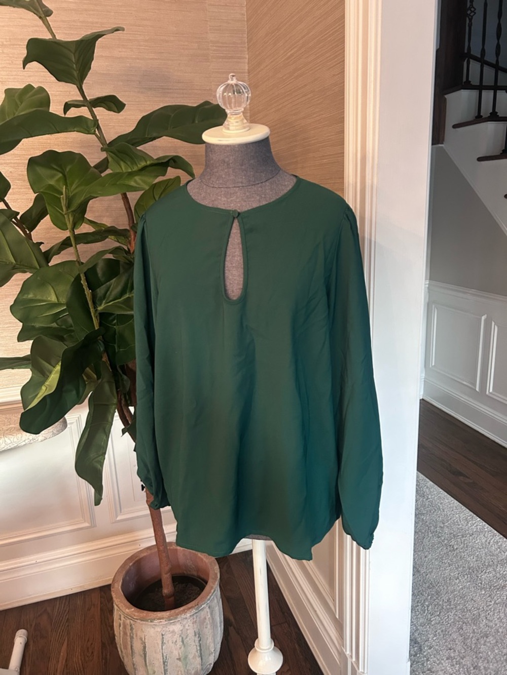 J. Crew Forest Green Long-Sleeve Keyhole Blouse